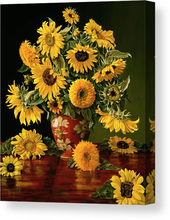Sunflowers Canvas Print featuring the painting Sunflowers In A Crimson Vase by Christopher Pierce