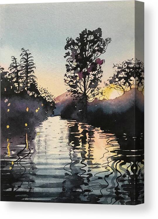 Santa Monica Canvas Print featuring the painting Sunset over Rabbit Island at Malibou Lake by Luisa Millicent