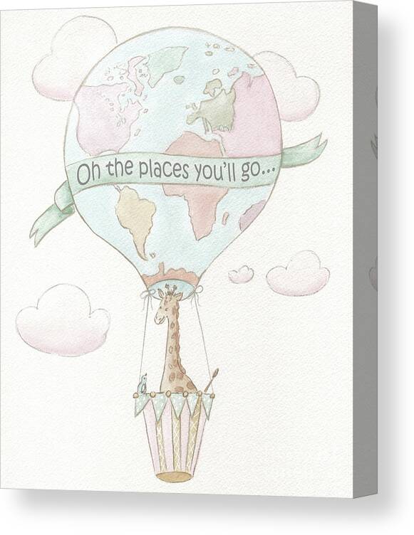 Baby Giraffe Canvas Print featuring the painting Sweet Baby Giraffe In Hot Air Balloon - For Girl's Nursery by Debbie Cerone
