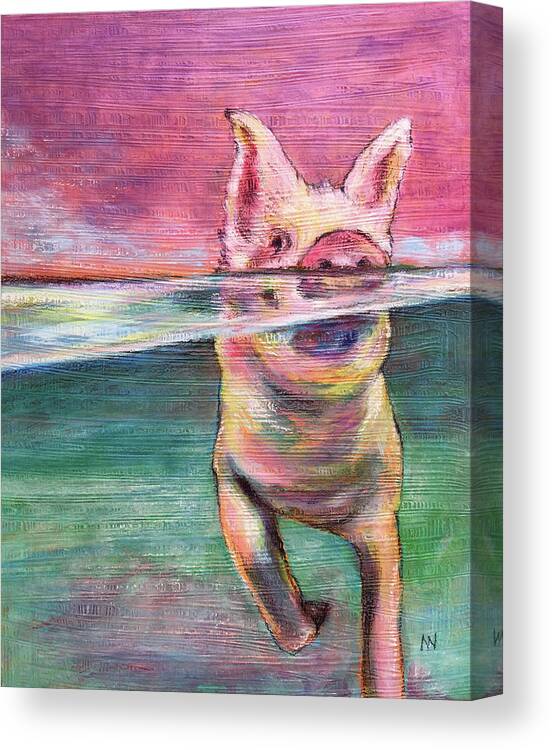 Pig Canvas Print featuring the mixed media Swimming Pig by AnneMarie Welsh