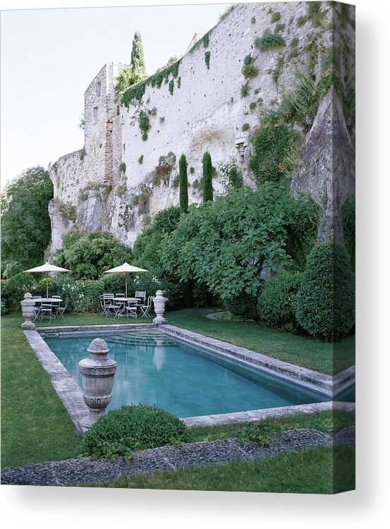 #new2022 Canvas Print featuring the photograph Swimming Pool Beneath Ramparts Of A French Chateau by Marina Faust