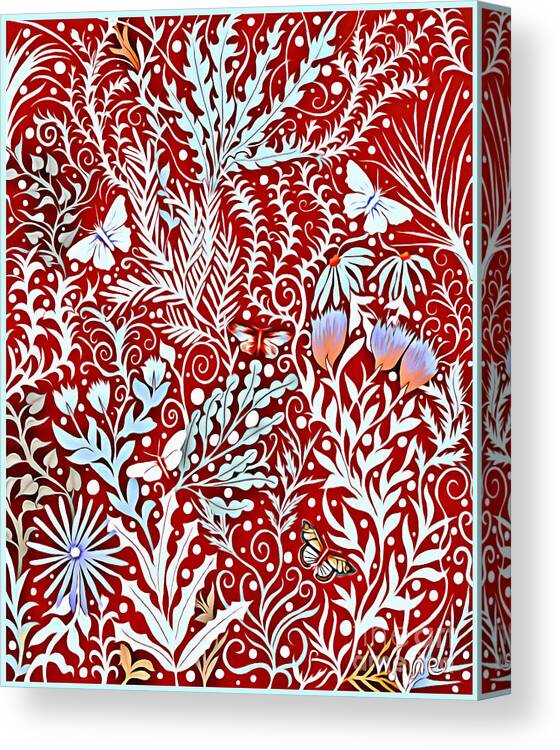 Lise Winne Canvas Print featuring the tapestry - textile Tapestry Design in Brick Red with White Butterflies and Celadon Colored Foliage by Lise Winne