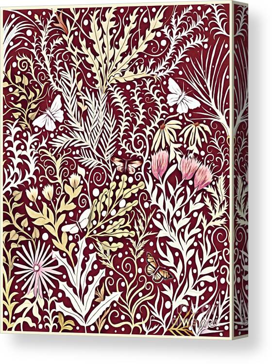 Lise Winne Canvas Print featuring the mixed media Tapestry Design, With White Butterflies, In a Deep Rich Red by Lise Winne