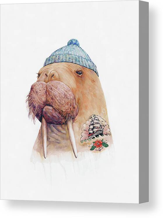 Tattoo Canvas Print featuring the painting Tattooed Walrus by Animal Crew