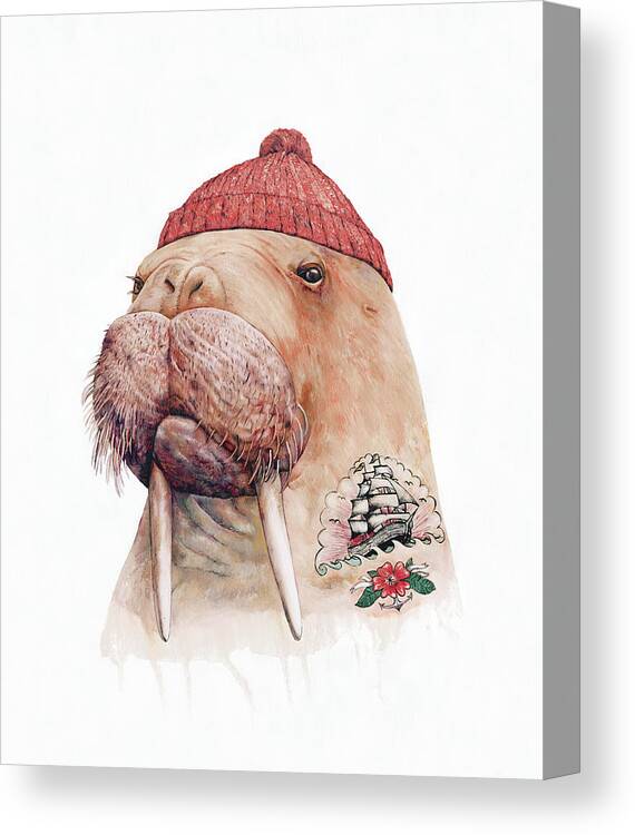Walrus Canvas Print featuring the painting Tattooed Walrus Red by Animal Crew