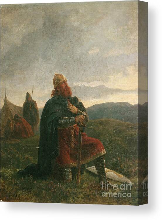 Peter Nicolai Arbor Canvas Print featuring the mixed media The Holy Olav in prayer before the Battle of Stiklestad by O Vaering by Peter Nicolai Arbo