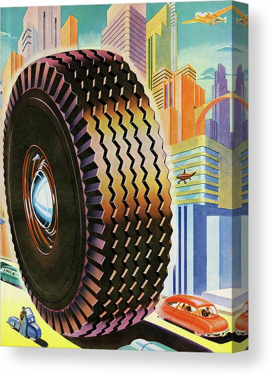 Architecture Canvas Print featuring the drawing Tire in Futuristic City Scene by CSA Images