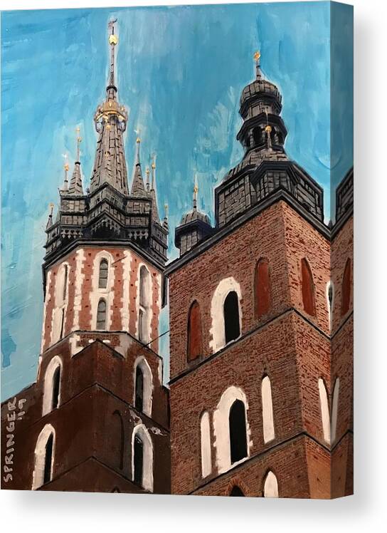 Towers Of St. Mary's Basilica Canvas Print featuring the painting Towers of St. Mary's Basilica, Krakow, Poland by Gary Springer