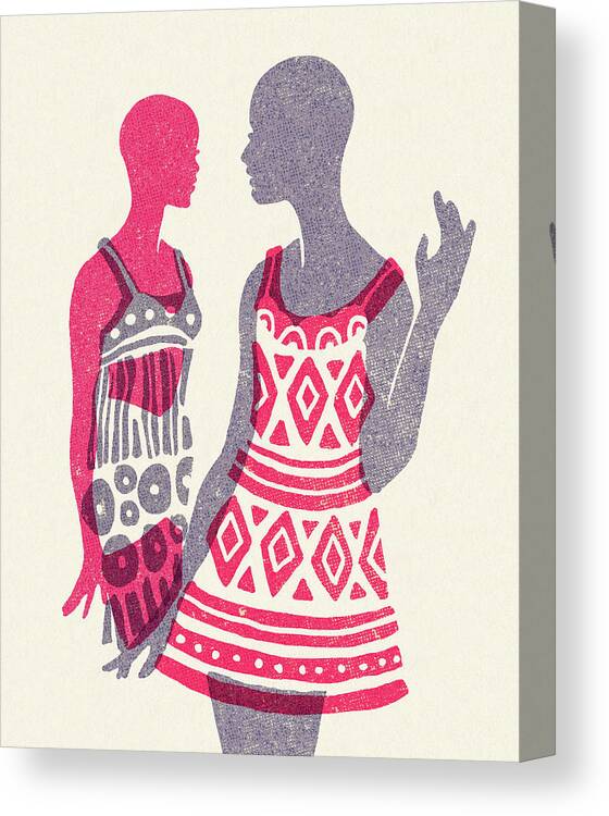 Adult Canvas Print featuring the drawing Two Models Wearing Dresses by CSA Images