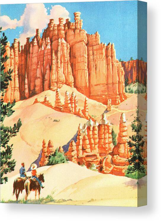 Adventure Canvas Print featuring the drawing Two People Riding Horses Near a Rock Formation by CSA Images