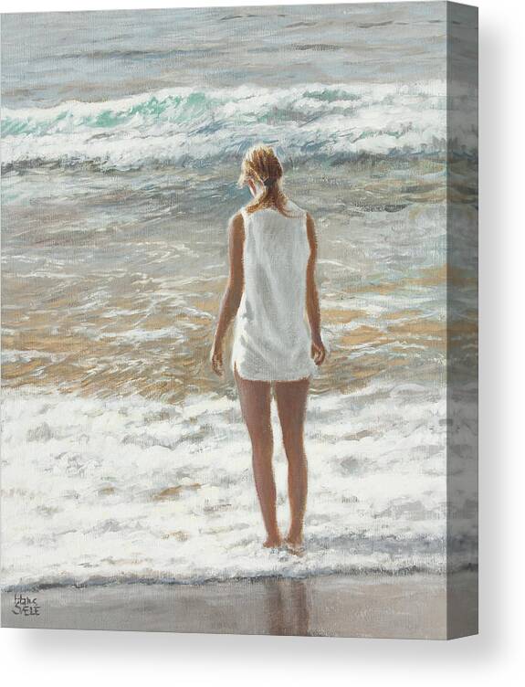 Woman Wading Canvas Print featuring the painting Wading Woman by Hans Egil Saele