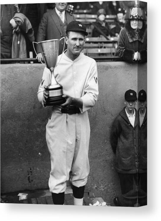 American League Baseball Canvas Print featuring the photograph Walter Johnson Receives Trophy by Fpg