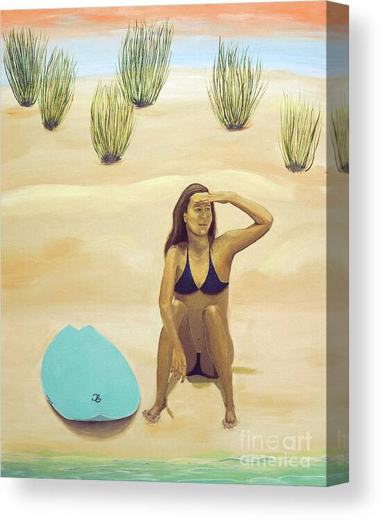Surfer Girl Painting Canvas Print featuring the painting Watching the Break by Jenn C Lindquist