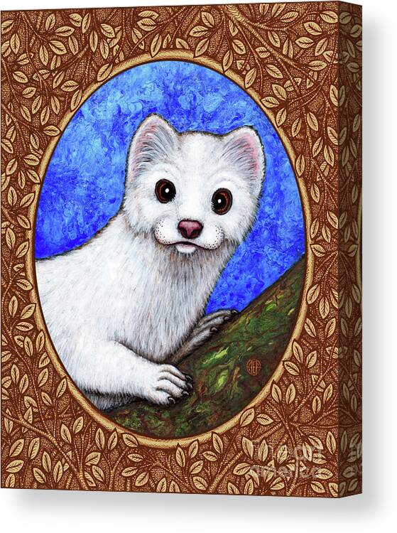 Animal Portrait Canvas Print featuring the painting Winter Weasel Portrait - Brown Border by Amy E Fraser