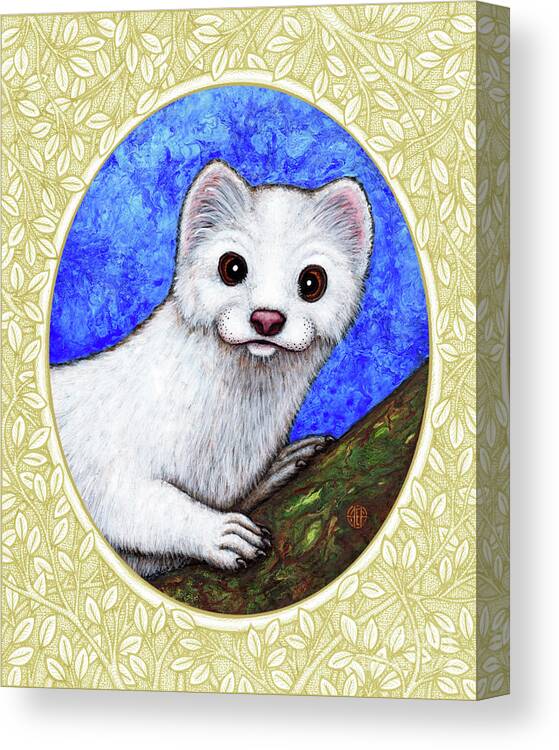 Animal Portrait Canvas Print featuring the painting Winter Weasel Portrait - Cream Border by Amy E Fraser