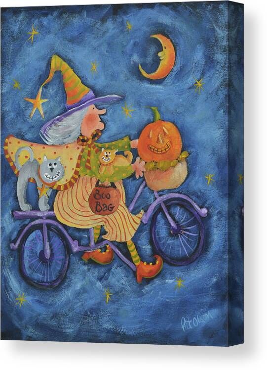 Witch On Bicycle Canvas Print featuring the painting Witch On Bicycle by Pat Olson Fine Art And Whimsy