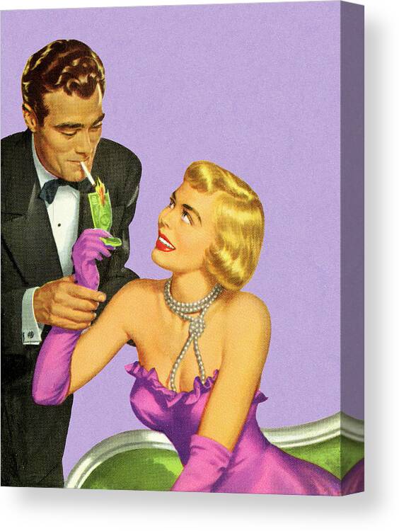 Accessories Canvas Print featuring the drawing Woman Lighting Man's Cigarette by CSA Images