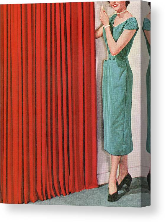Adult Canvas Print featuring the drawing Woman Standing By a Curtain by CSA Images