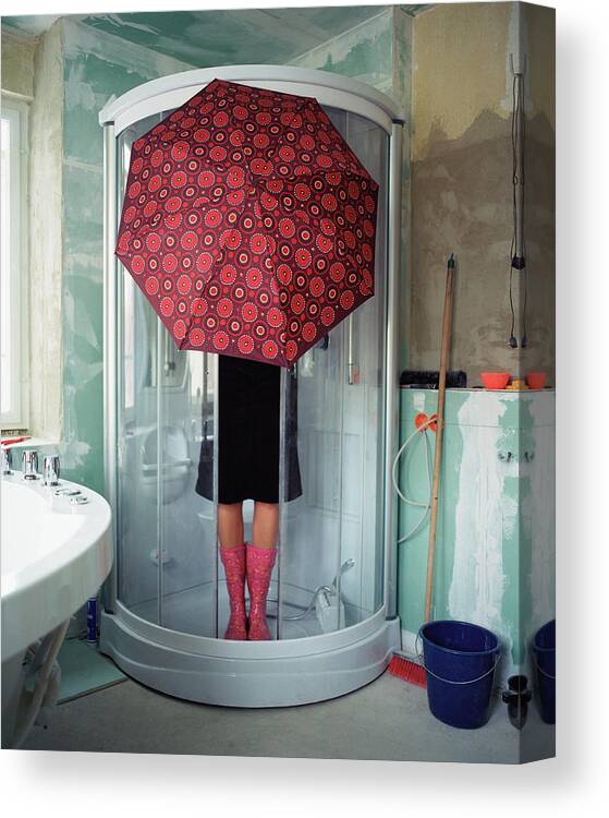 Sequential Series Canvas Print featuring the photograph Woman Standing Under Umbrella In Shower by Silvia Otte