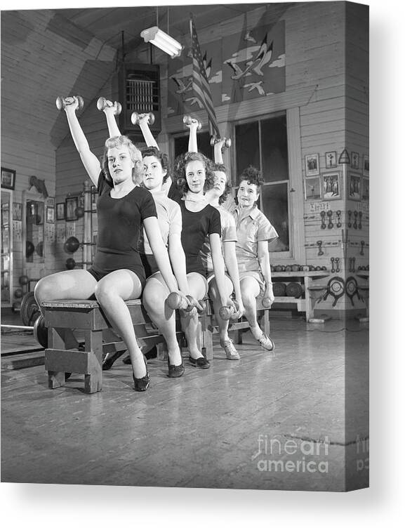 Advice Canvas Print featuring the photograph Women On Bench Exercising With Barbells by Bettmann