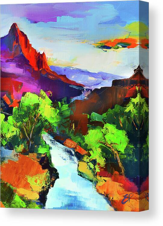 Zion Canvas Print featuring the painting Zion - The Watchman and the Virgin River by Elise Palmigiani