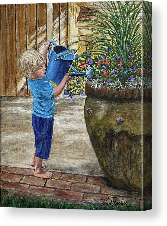 Boy Canvas Print featuring the painting Boy watering Flowers #1 by Bonnie Peacher