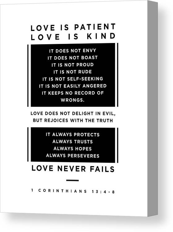 1 Corinthians 13 4-8 Canvas Print featuring the digital art 1 Corinthians 13 4 8 - Bible Verse - Love Never Fails - Spiritual, Scripture, Christian - Inspiring by Studio Grafiikka