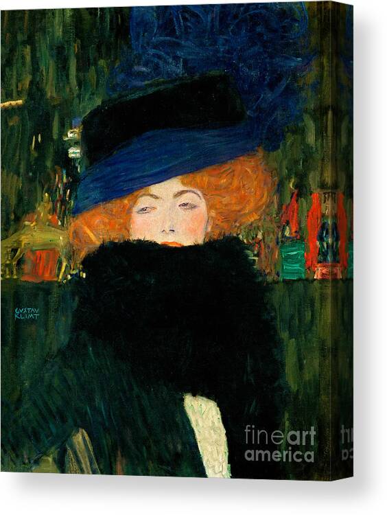 Landscape Canvas Print featuring the painting Lady with Hat and Feather Boa #1 by Gustav Klimt