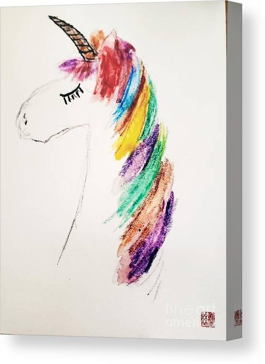  Canvas Print featuring the painting Rainbow Unicorn #1 by Margaret Welsh Willowsilk