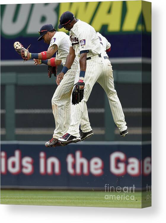 People Canvas Print featuring the photograph Torii Hunter, Aaron Hicks, and Eddie Rosario #1 by Hannah Foslien