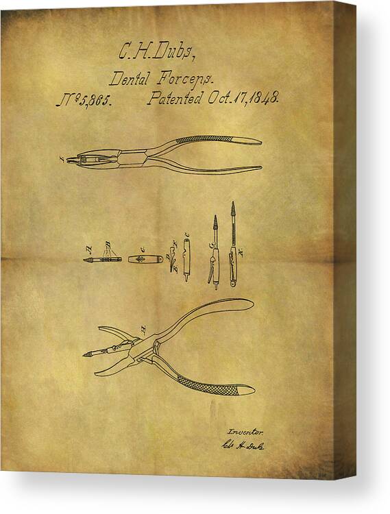 1848 Dental Forceps Patent Canvas Print featuring the drawing 1848 Dental Forceps Patent by Dan Sproul