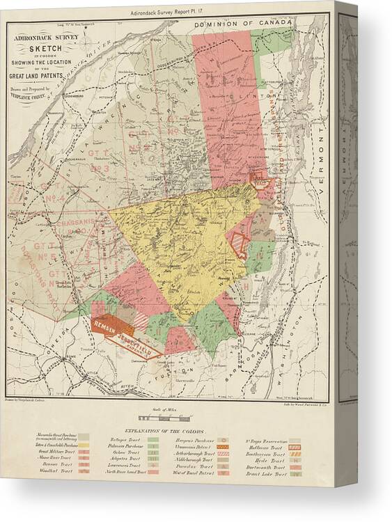 Adirondack Canvas Print featuring the photograph 1874 Historical Map of the Adirondacks Upstate New York in Color by Toby McGuire