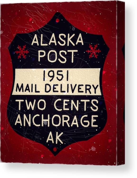 Dispatch Canvas Print featuring the digital art 1951 Union PO - Anchorage Alaska - 2cts. Local Mail Delivery - Bear Claw Red - Mail Art Post by Fred Larucci