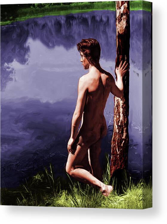 Raymond Voinquel Canvas Print featuring the painting Nude Looking out over a Lake #2 by Raymond Voinquel