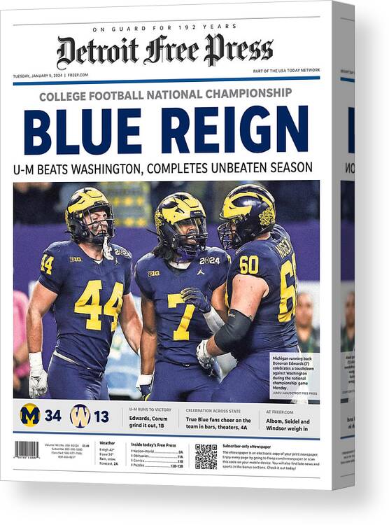 Michigan Canvas Print featuring the digital art 2024 CFP National Championship Commemorative Cover by Detroit Free Press
