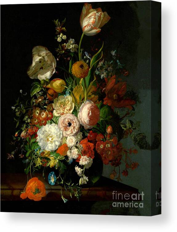 Still Life With Flowers In A Glass Vase Canvas Print featuring the painting Still Life with Flowers in a Glass Vase #3 by Rachel Ruysch