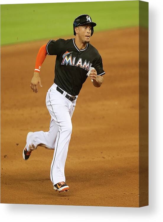 American League Baseball Canvas Print featuring the photograph Giancarlo Stanton #9 by Mike Ehrmann