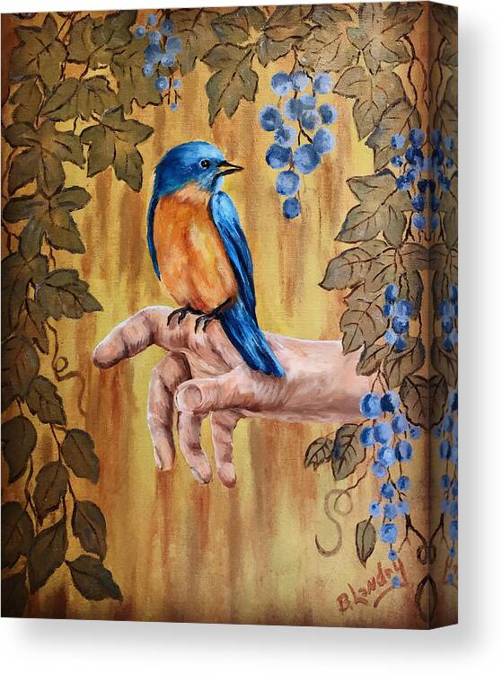 Bird Canvas Print featuring the painting A Bird in Hand by Barbara Landry