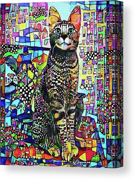 City Cat Canvas Print featuring the digital art A Kitty in the City by Peggy Collins