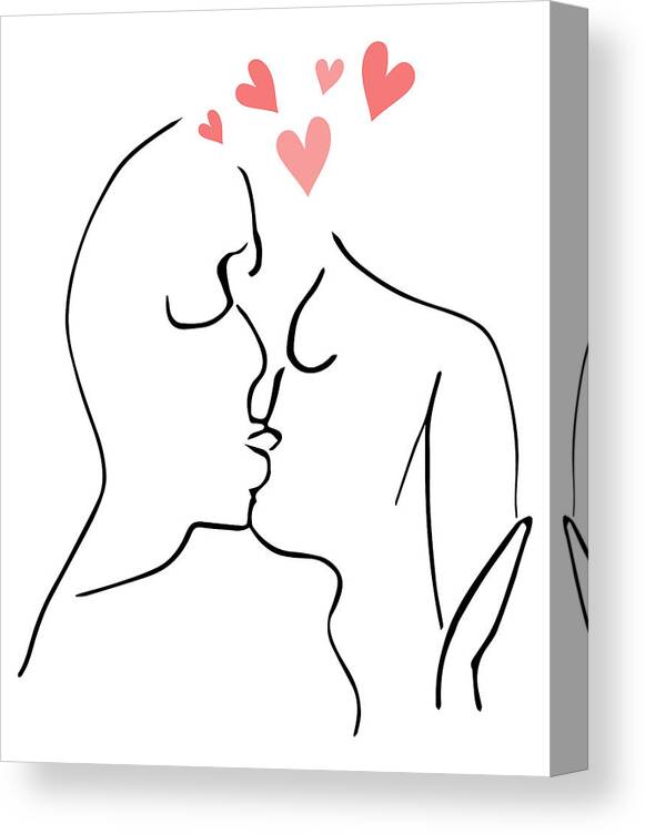 Couple Drawing Canvas Print featuring the drawing Abstract line drawing minimalist couple kissing face illustration, hearts by Mounir Khalfouf