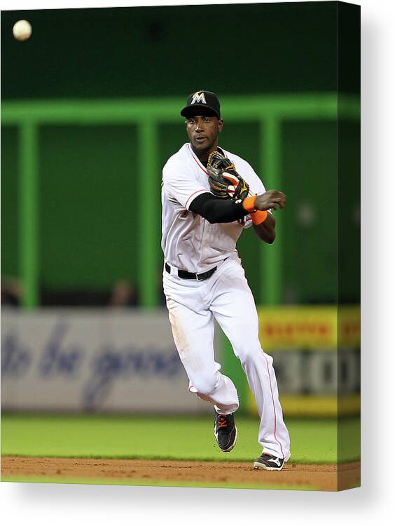 American League Baseball Canvas Print featuring the photograph Adeiny Hechavarria by Mike Ehrmann