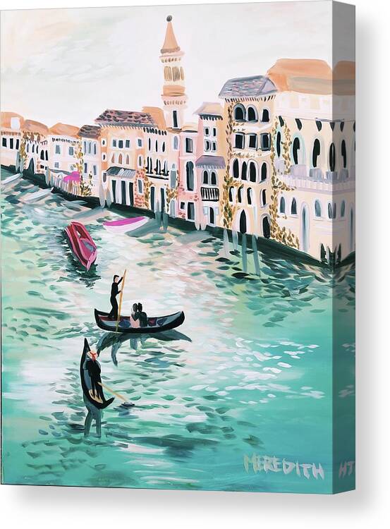 Landscape Venice Water Watercanal Boats Italy Italian Bright Airy Europe Wall Art European Boats Gondola Canvas Print featuring the painting Afternoon in Venice by Meredith Palmer