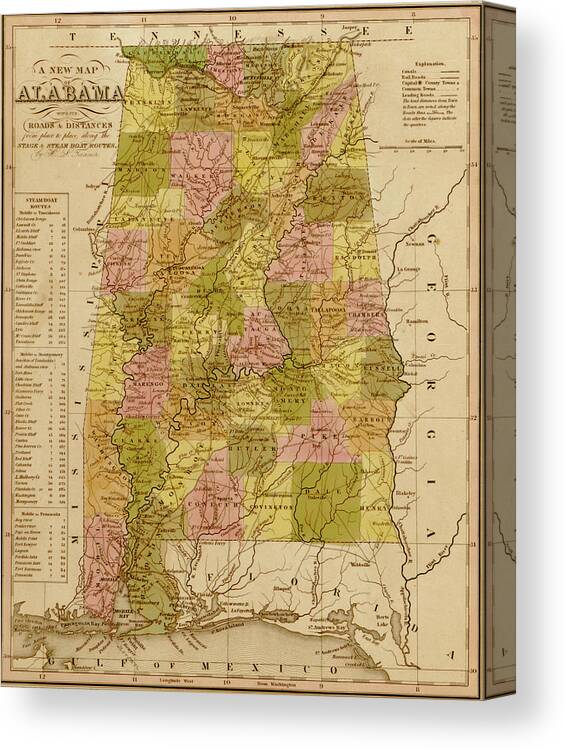 Alabama Canvas Print featuring the drawing Alabama 1844 by Vintage Maps