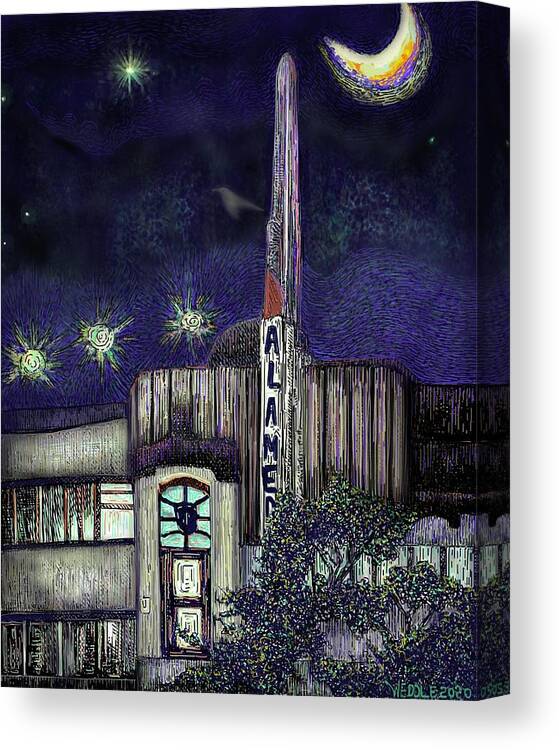 Alameda Canvas Print featuring the digital art Alameda Theater at Night by Angela Weddle
