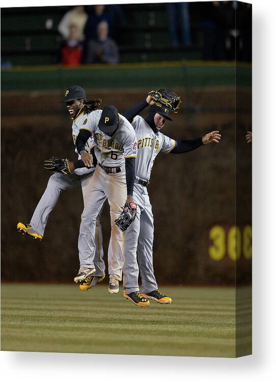 Celebration Canvas Print featuring the photograph Andrew Mccutchen, Starling Marte, and Travis Snider by Brian Kersey