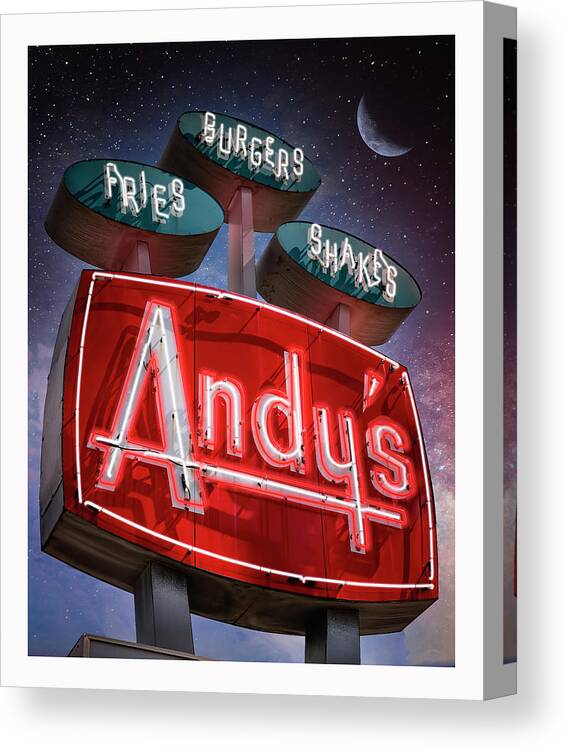 Andy's Canvas Print featuring the photograph Andy's Igloo Drive In at night by ARTtography by David Bruce Kawchak