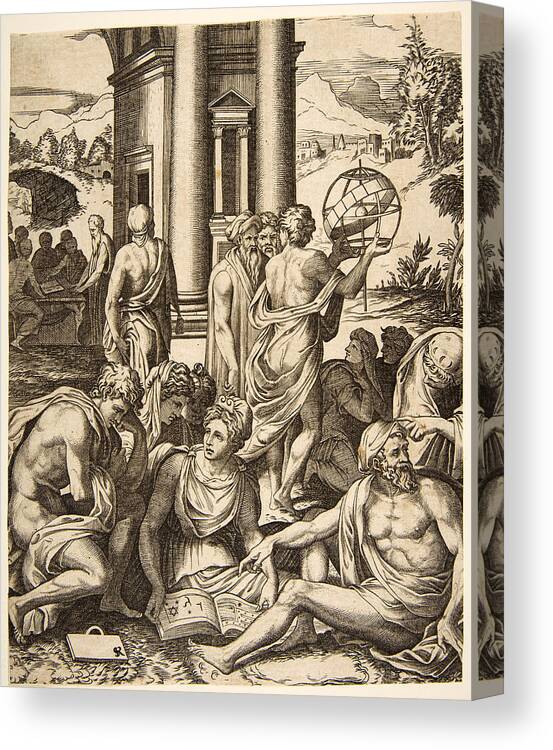 Marco Dente Canvas Print featuring the drawing Assembly of male and female scholars gathered around an open book by Marco Dente