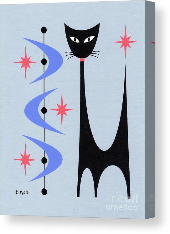 Mid Century Cat Canvas Print featuring the painting Atomic Cat Gray with Blue Boomerangs by Donna Mibus