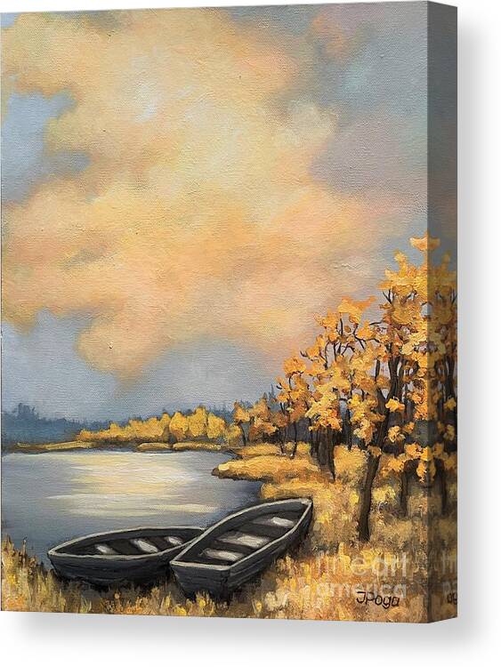 Sunset Canvas Print featuring the painting Autumn boats by Inese Poga