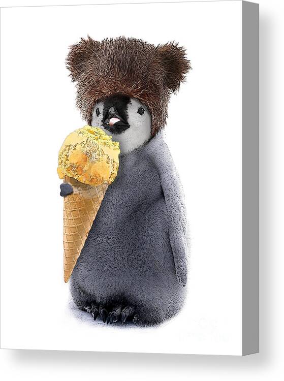 Penguin Canvas Print featuring the digital art Baby Penguin with Ice Cone by Madame Memento